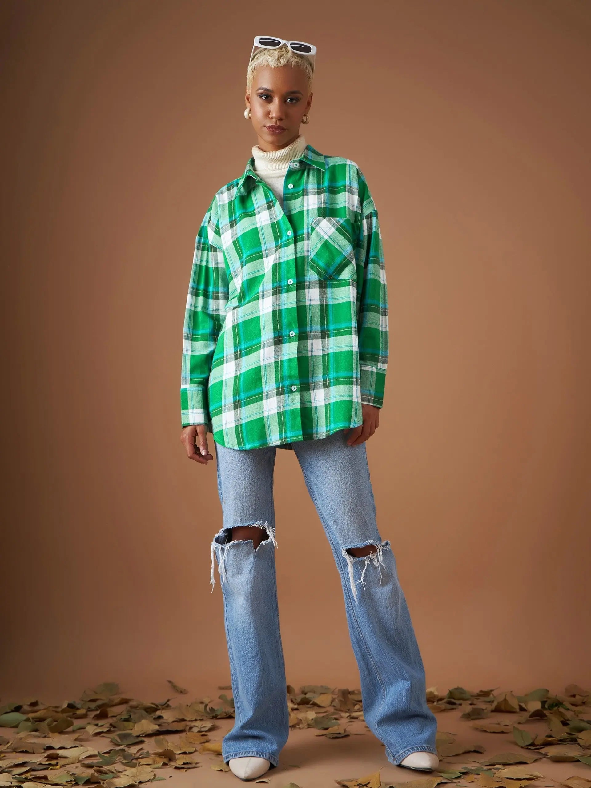 Women Green Yarndyed Check Oversized Shirt-- Fashionable Trendy Casual