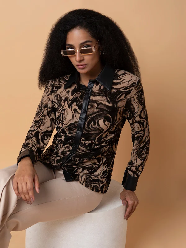 Women Abstract Beige Slim Fit Shirt-809-1-Beige-- Zippered Buttoned Snapped