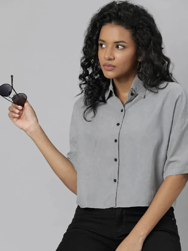 Women Grey Solid Shirt-AE-333856-Grey-- Iron Safe Non-Iron Wrinkle Free