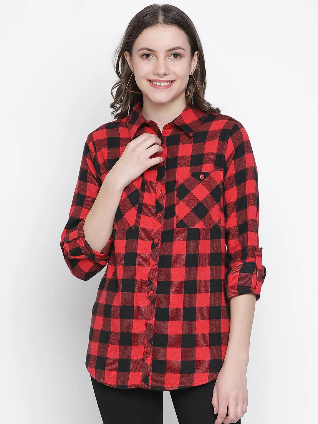 Shelled red check print women shirt-- Satin Blend Silk Blend Wool Blend