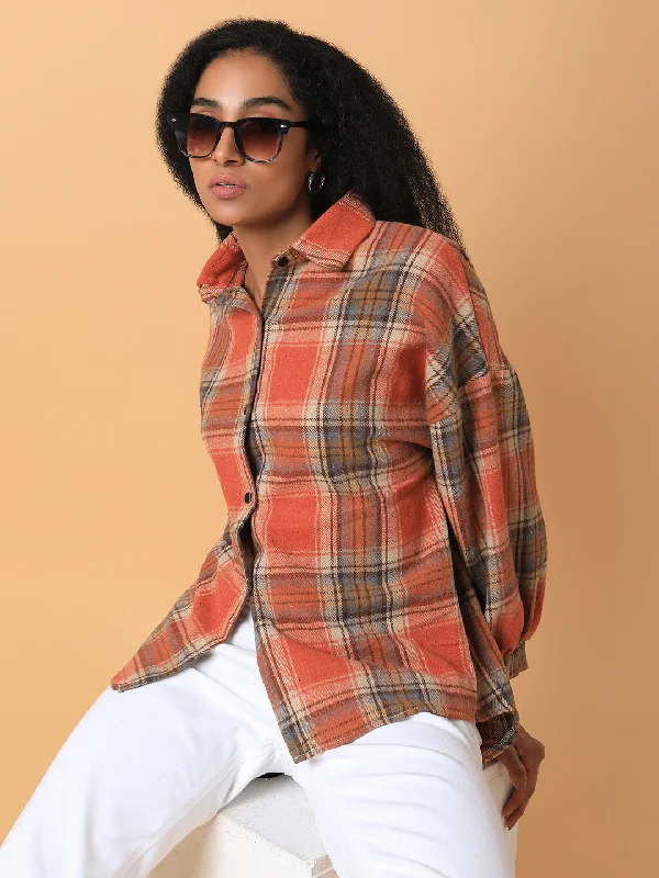 Women Checked Rust Oversized Shirt-CHN-9188-Rust-- Collared T-Shirt Boat Neck A-Line
