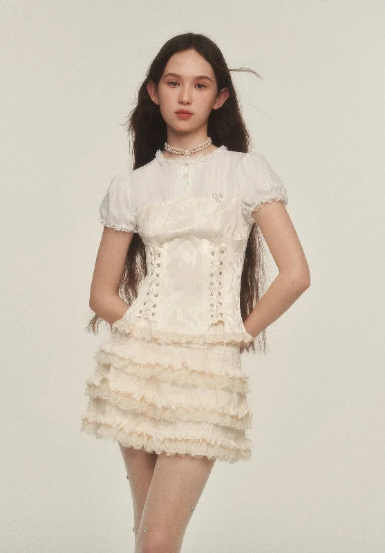 French Retro Lace Puff Sleeves Fishbone Waist Shirt AYF0038-- Handmade Hand-knitted Hand-woven