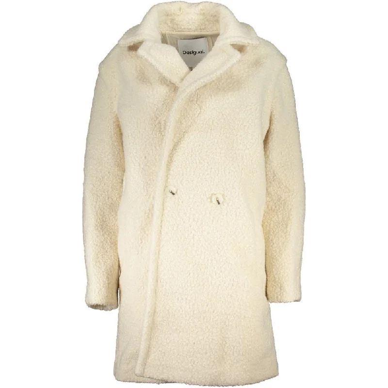 Desigual Elegant White Long-Sleeved Coat Cotton Linen Terry