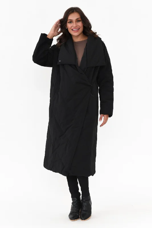 Halle Black Longline Wrap Coat Quilted Jacket Anorak Windbreaker