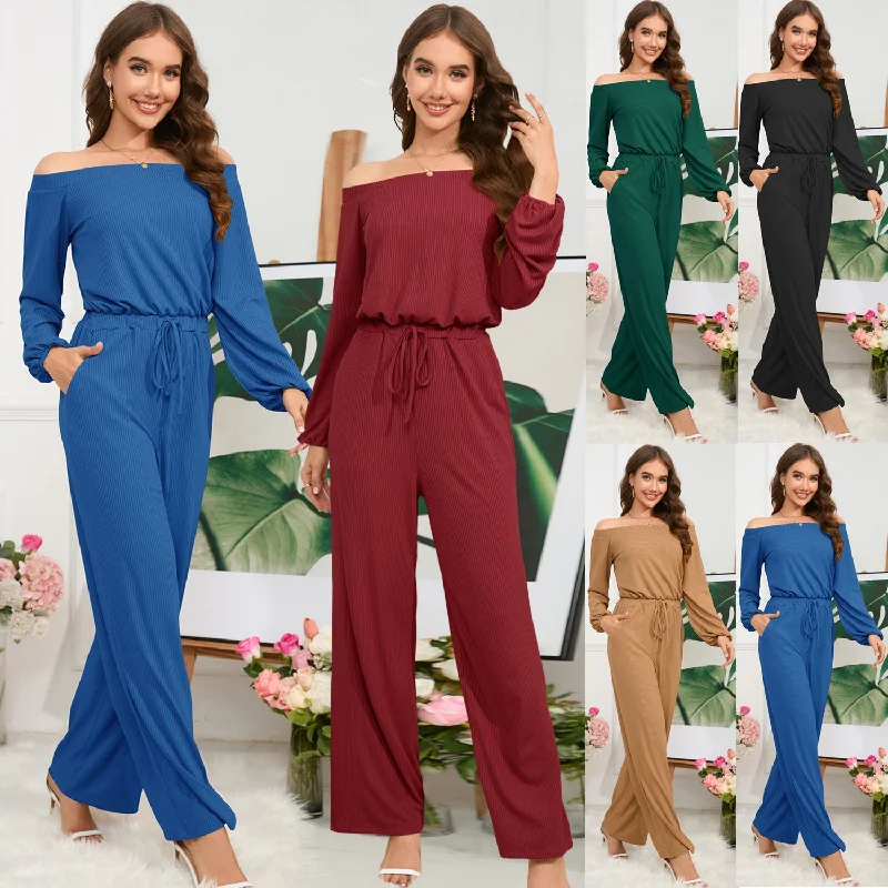 Casual Off-shoulder Long Sleeve Waist-slimming Jumpsuit Lace-up Wide-leg Trousers Trousers Cargo pockets
