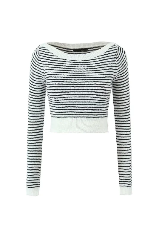 Preppy Boat Neck Contrast Black and White Striped Rib Knit Cropped Sweater Cotton Fabric Linen Fabric Terry Fabric Preppy Boat Neck Contrast Black and White Striped Rib Knit Cropped Sweater Cotton Fabric Linen Fabric Terry Fabric