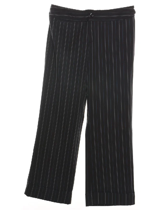 Pinstriped Black & Blue Wide-Leg Trousers - W36 L31 Trousers fashionable chic