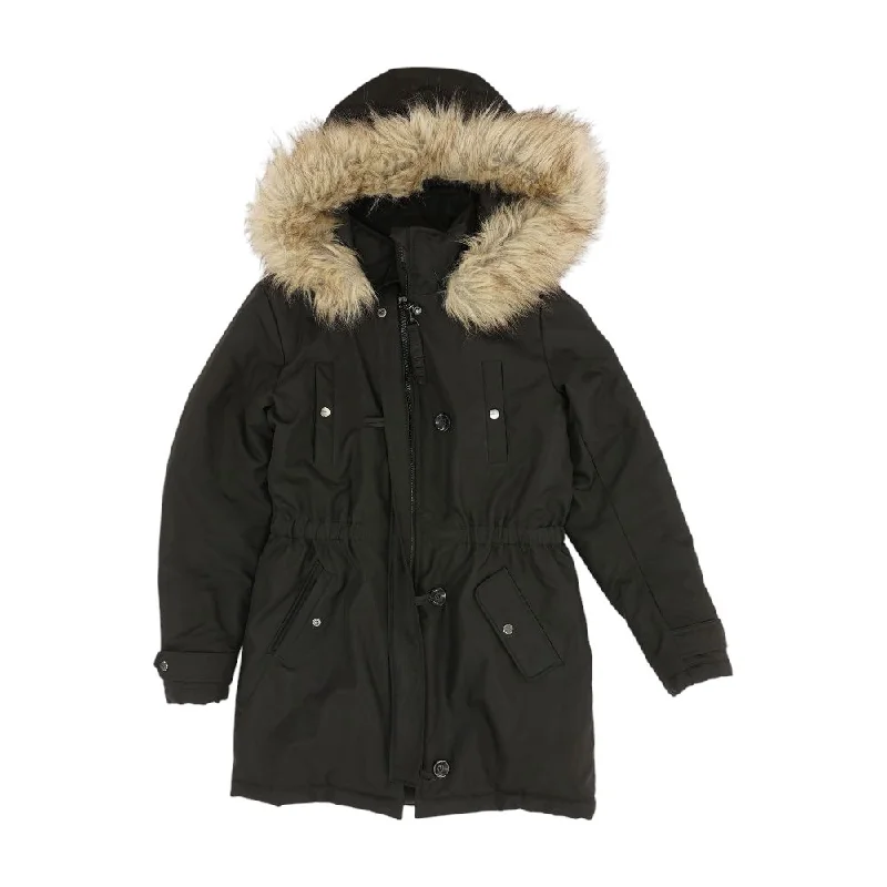 Black Solid Puffer Coat Appliqued Beaded Sequined