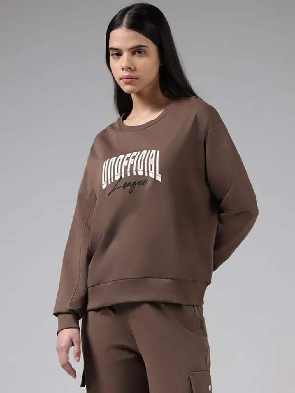 Studiofit Brown Typographic Cotton Sweatshirt Hoodie with Hem Lace Feminine Delicate Studiofit Brown Typographic Cotton Sweatshirt Hoodie with Hem Lace Feminine Delicate