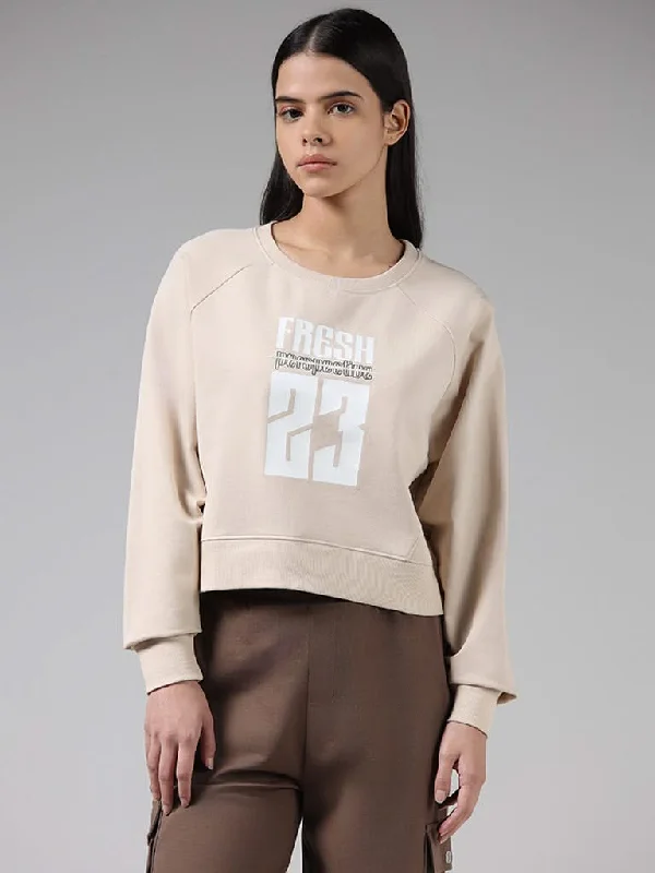 Studiofit Beige Typographic Cotton Sweatshirt Hoodie with Hem Applique Textured Unique Studiofit Beige Typographic Cotton Sweatshirt Hoodie with Hem Applique Textured Unique