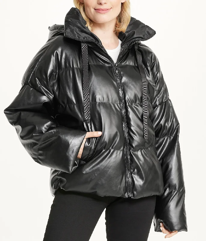 Vegan Leather Puffer Coat Anorak Windbreaker Fleece