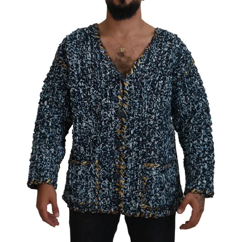 Dolce & Gabbana Elegant Blue V-Neck Cardigan Sweater Welt Pockets Slit Pockets Flap Pockets