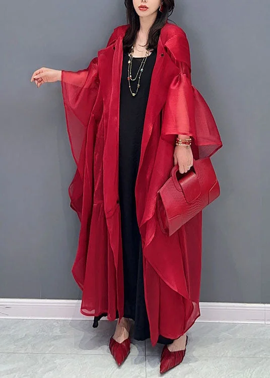 Red Patchwork Silk Cardigans Button Wrinkled Summer Chenille Fabric Brocade Fabric Lace Fabric