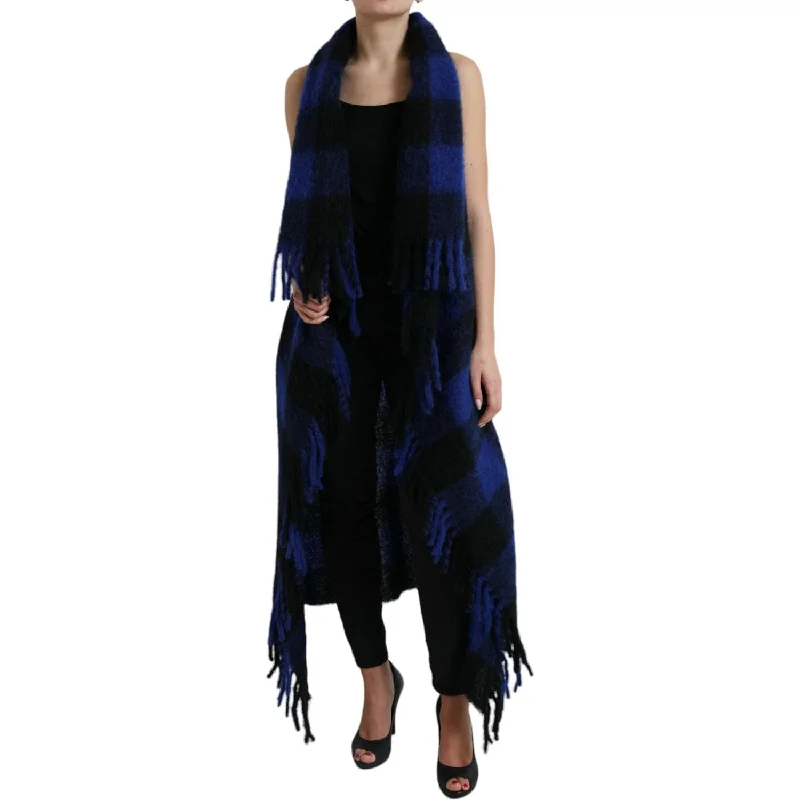 Dolce & Gabbana Elegant Checkered Fringe Poncho Cardigan Print Jacquard Patchwork