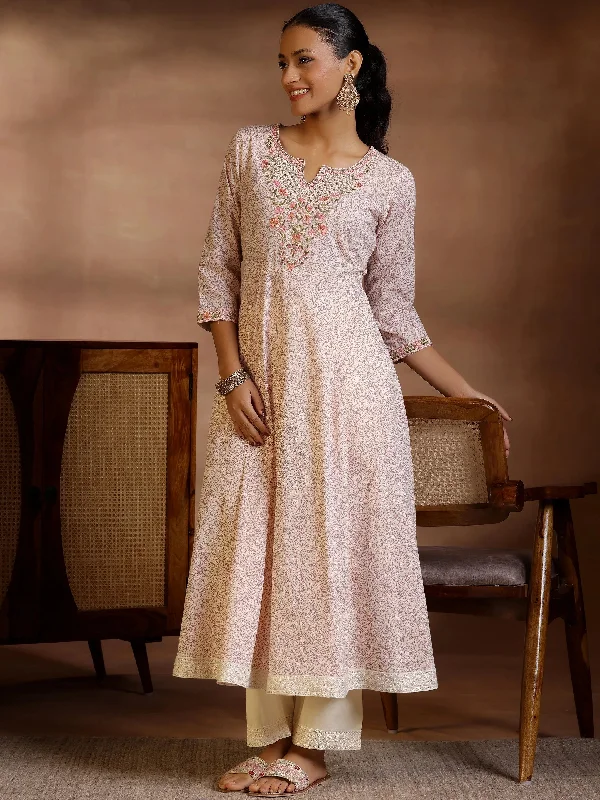 Mauve Printed Cotton Anarkali Kurta With Trousers Trousers Top Rated