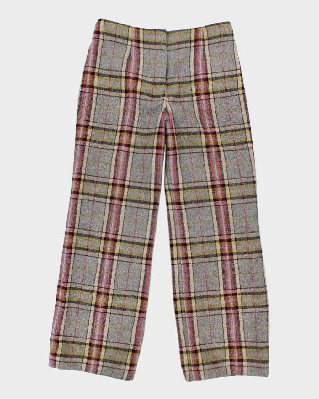 Womens Grey and Pink Plaid Wool Straight Leg Trousers - M Trousers Trousers Formal