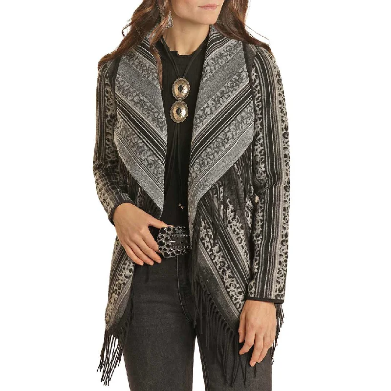 Powder River Outfitters Women's Cheetah Print Open Coat Three-Quarter Sleeve Elbow Sleeve Wrist Sleeve