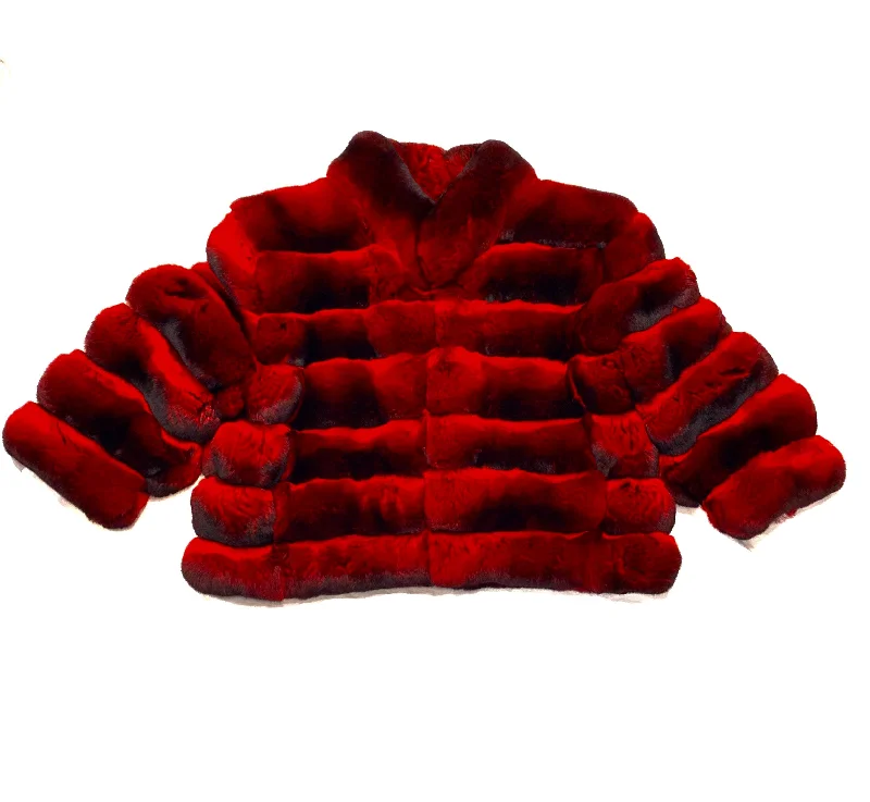 Kashani Ladies Red/Black Cut Full Chinchilla Coat Shawl Collar Notch Collar Lapel Collar Kashani Ladies Red/Black Cut Full Chinchilla Coat Shawl Collar Notch Collar Lapel Collar