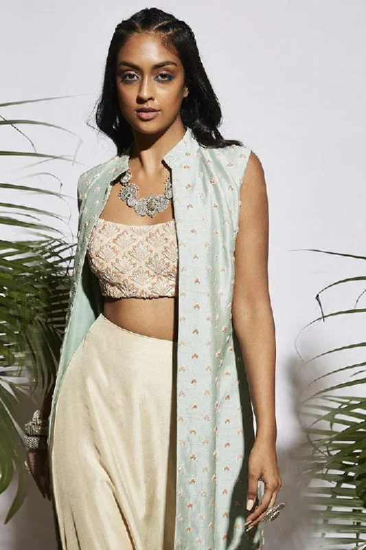 BIEGE MINT OMBRE DRAPE SKIRT WITH BIEGE AND MINT EMBROIDERED STRUCTURED JACKET Zip Front Button Front Snap Front BIEGE MINT OMBRE DRAPE SKIRT WITH BIEGE AND MINT EMBROIDERED STRUCTURED JACKET Zip Front Button Front Snap Front