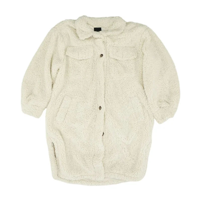 Ivory Solid Faux Fur Coat Buttoned Zippered Snapped