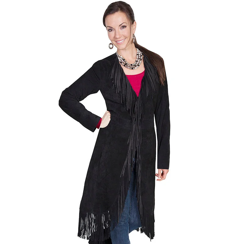 Suede Fringe Maxi Coat Boat Neck Jacket Square Neck Jacket One-Shoulder Jacket