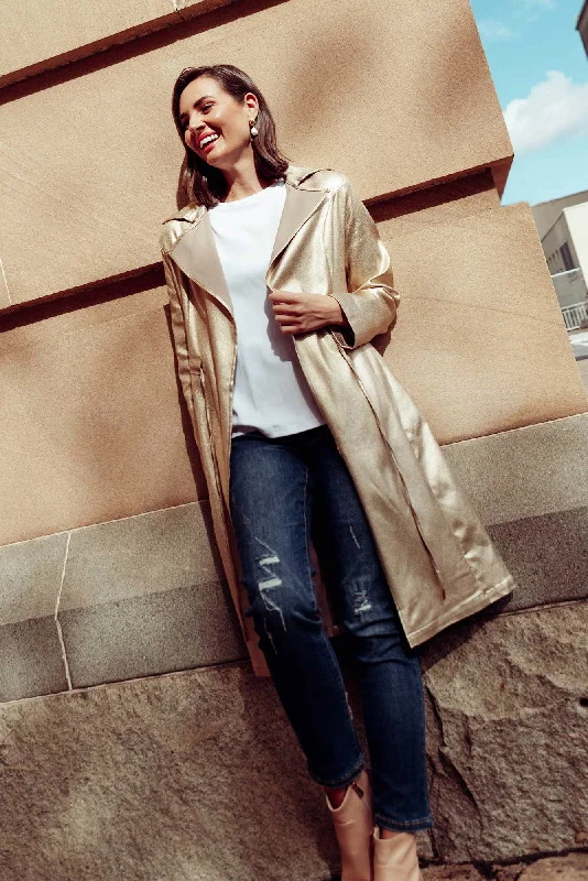 Rois Gold Faux Leather Trench Coat Print Jacquard Embroidered