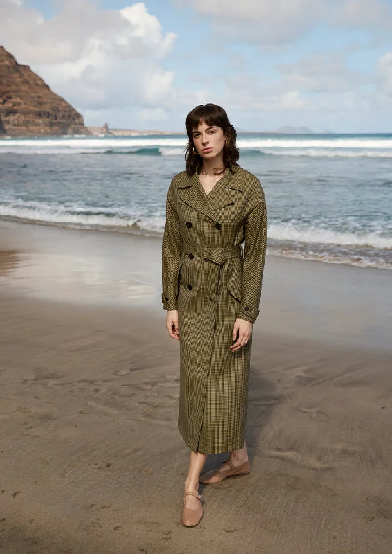 Green Houndstooth Kate Double Breasted Mac Coat Front Pockets Side Pockets Patch Pockets Green Houndstooth Kate Double Breasted Mac Coat Front Pockets Side Pockets Patch Pockets