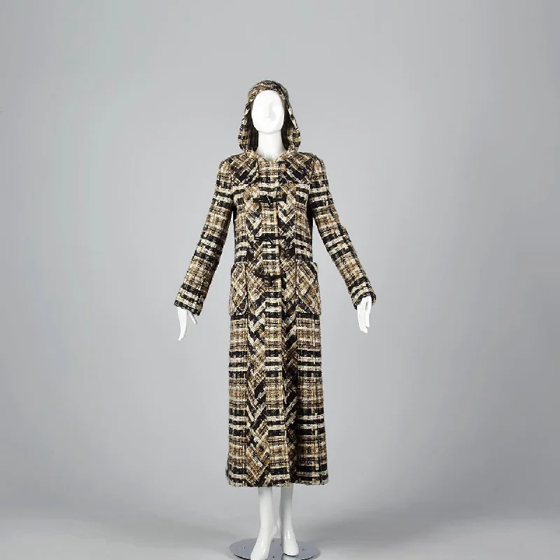 Chanel Full Length Tweed Maxi Coat with Toggle Closures & Hood Stand-Up Roll-Neck Turtle Chanel Full Length Tweed Maxi Coat with Toggle Closures & Hood Stand-Up Roll-Neck Turtle
