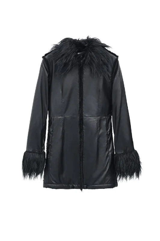 Refined Vegan Leather Fur Coat Three-Quarter Sleeve Elbow Sleeve Wrist Sleeve