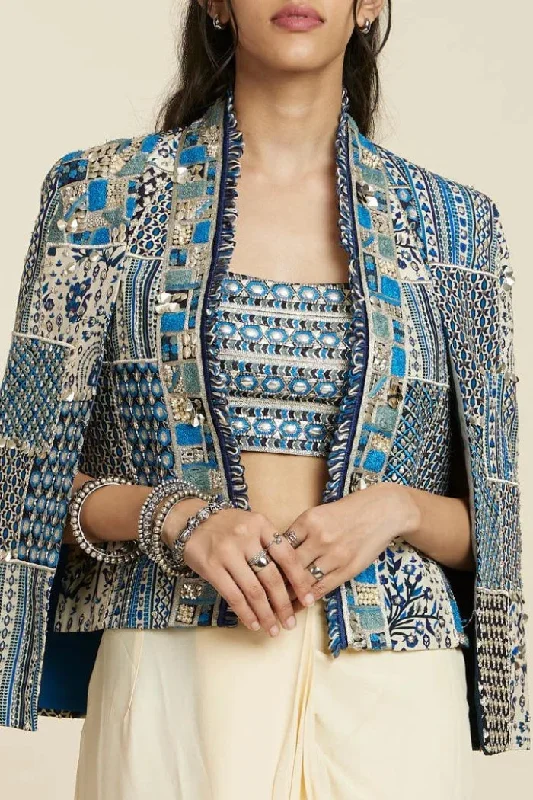 BLUE PATCHWORK NOOR JACKET Embroidered Jacket Appliqued Jacket Beaded Jacket