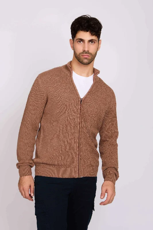 Men Regular Fit Cardigan - Brown Fleece Fabric Down Fabric Feather Fabric