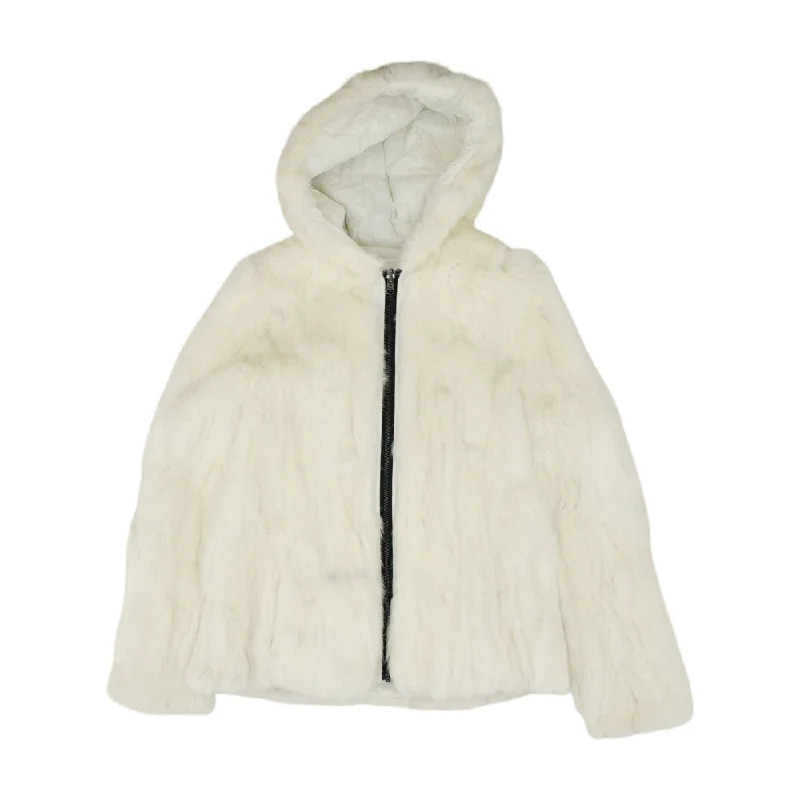 Ivory Solid Fur Coat Cuffed Rolled Raglan