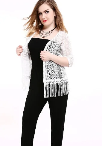 Women's Plus Size Summer Lace Blazer Half Sleeve Tassel Design White Blazer Cocktail Party Casual Wear 5XL 6XL 7XL Women's Travel Jacket