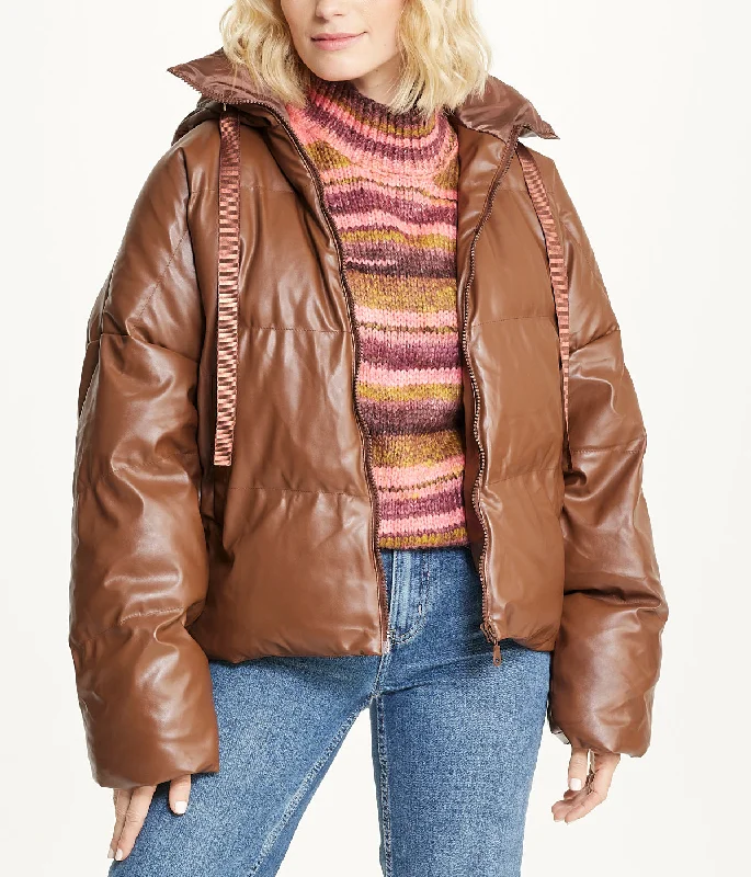 Vegan Leather Puffer Coat Nylon Polyester Spandex