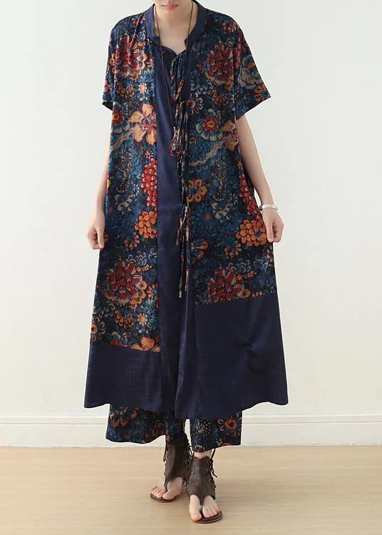 new loose blue retro print pattern v-neck silk cardigan and wide leg pants two-piece Slim Fit Regular Fit Oversized new loose blue retro print pattern v-neck silk cardigan and wide leg pants two-piece Slim Fit Regular Fit Oversized