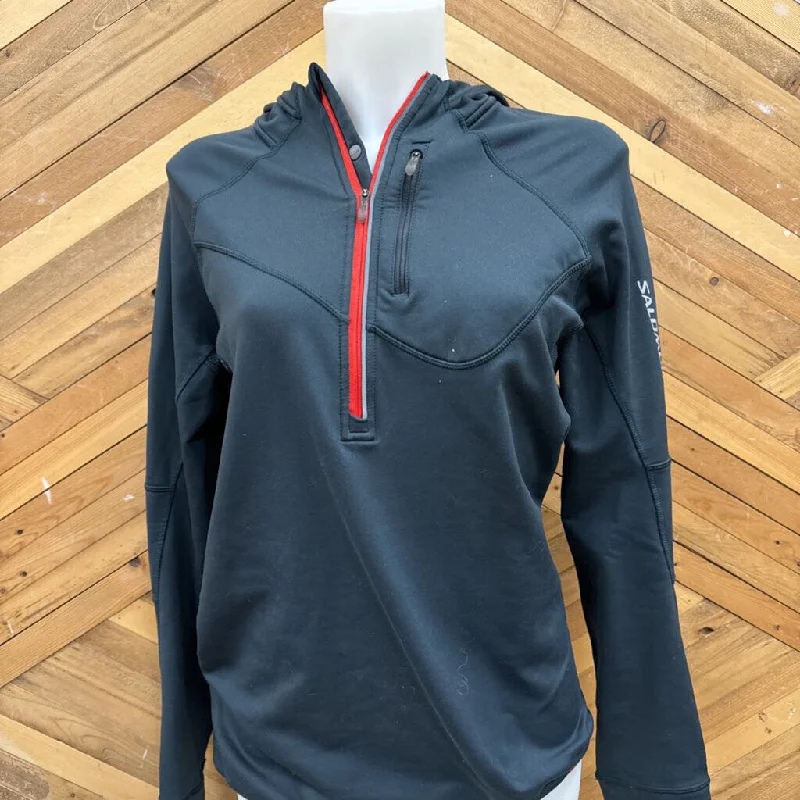 Salomon- women's fleece lined 1/4 zip Hoodie- MSRP $130: Dark Grey Red -women-SM Hoodie with Emblem Brand Identity Salomon- women's fleece lined 1/4 zip Hoodie- MSRP $130: Dark Grey Red -women-SM Hoodie with Emblem Brand Identity