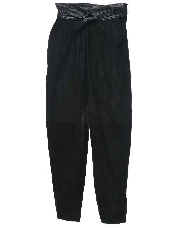 High Waist Black Suede Trousers - W26 L34 Trousers Silk Elegant