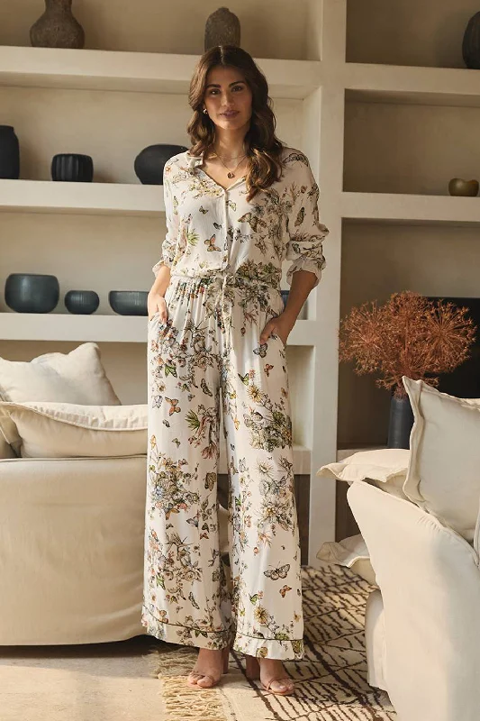 Butterfly Print High Rise Relaxed Trousers Trousers Satin Smooth