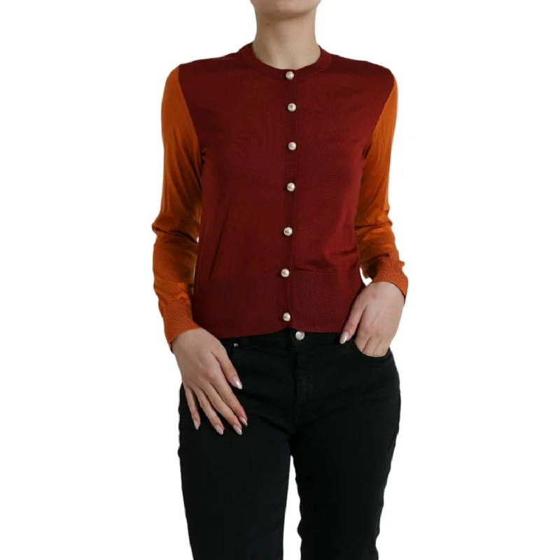 Dolce & Gabbana Elegant Silk Cardigan Sweater in Vibrant Tones Herringbone Houndstooth Plaid