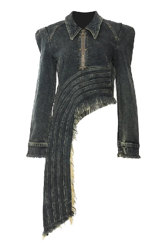 Asymmetric Drape Lapel Collar Long Sleeve Half Zip Fringe Denim Jacket Hooded Jacket Caped Jacket Shawl Collar Jacket Asymmetric Drape Lapel Collar Long Sleeve Half Zip Fringe Denim Jacket Hooded Jacket Caped Jacket Shawl Collar Jacket