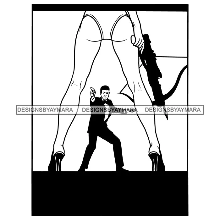 Man Wearing Black 3 Piece Pent Coat Bow Holding Gun Pistol Shooting Sexy Hot Woman Panty High Heel Girl Holding Crossbow Arrow Gun Archery Tattoo Lady SVG JPG PNG Vector Clipart Cricut Silhouette Cut Cutting Boat Shawl Notched