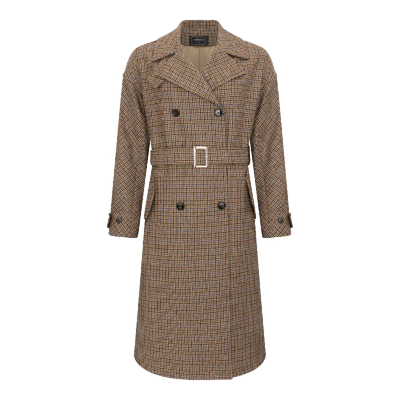 Brown Houndstooth Faye Double Breasted Mac Coat Chenille Brocade Lace