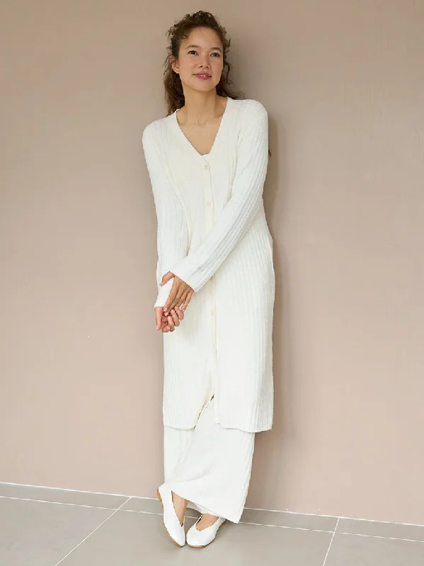 Long Ribbed Knit Button-Up Cardigan Handmade Hand-knitted Hand-woven