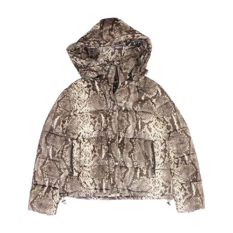 Gray Animal Print Puffer Coat Pockets Sleeves Lining