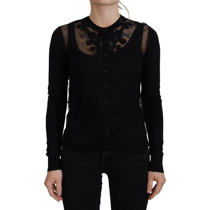 Dolce & Gabbana Elegant Black Floral Lace Cardigan Sweater Jersey Fabric Tulle Fabric Batik Fabric Dolce & Gabbana Elegant Black Floral Lace Cardigan Sweater Jersey Fabric Tulle Fabric Batik Fabric