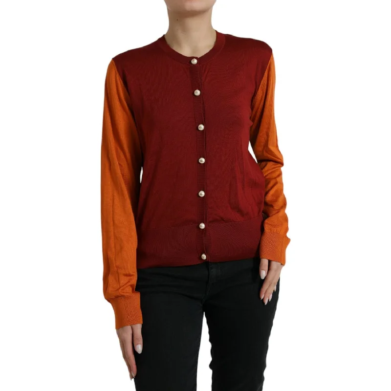 Dolce & Gabbana Silk Button Front Cardigan in Maroon Mix Toggled Drawstring Belted