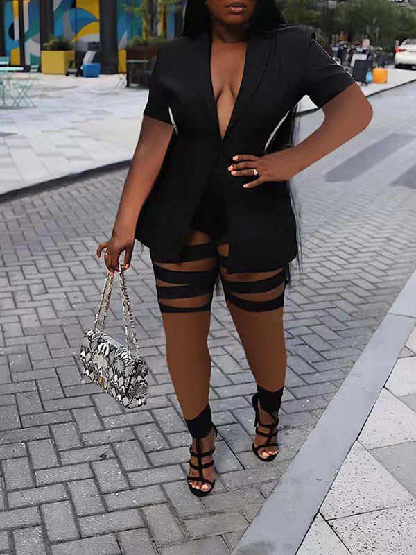 Two Piece V Neck Blazer & Cut Out Shorts Women's Luxurious Jacket