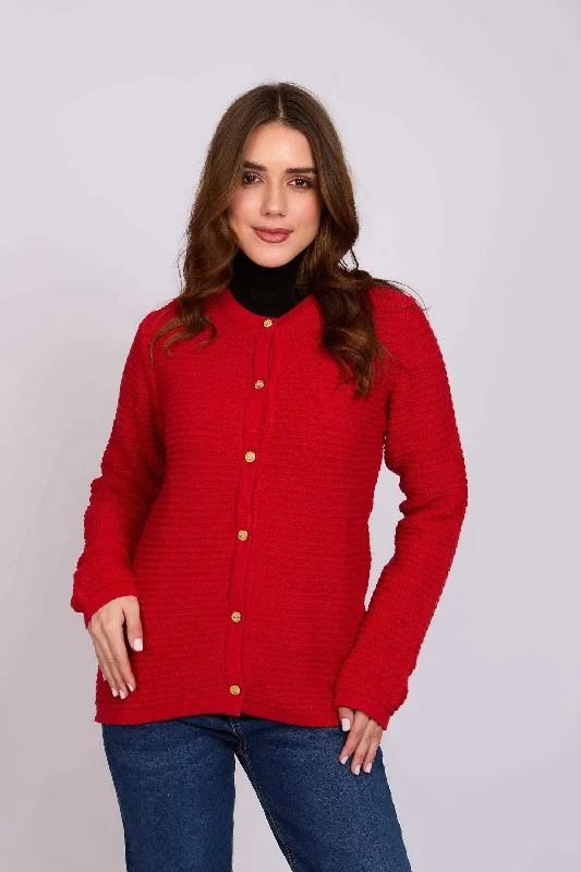 Women Regular Fit Cardigan - Red Satin Blend Silk Blend Wool Blend