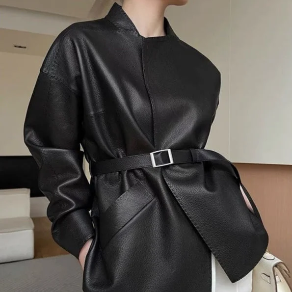 Hong Kong Retro Classic Style Leather Coat Women's Short Toggle Coat Shawl Collar Coat Notch Collar Coat Hong Kong Retro Classic Style Leather Coat Women's Short Toggle Coat Shawl Collar Coat Notch Collar Coat