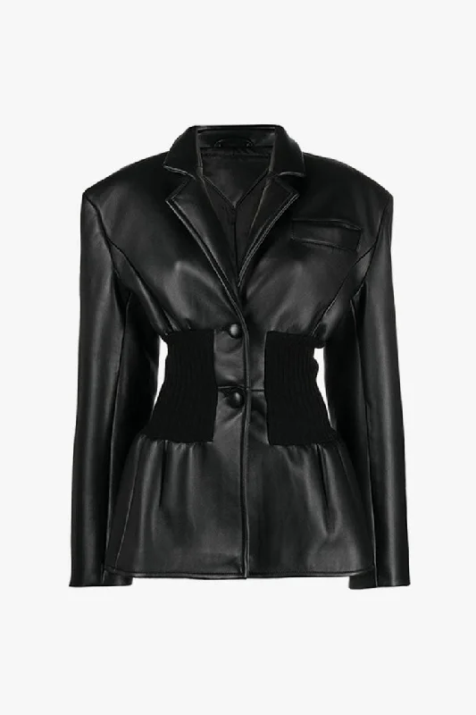 Powerful Notch Lapel Ribbed Knit Paneled Peplum Faux Leather Jacket Stand-Up Collar Roll-Neck Collar Turtle Neck Powerful Notch Lapel Ribbed Knit Paneled Peplum Faux Leather Jacket Stand-Up Collar Roll-Neck Collar Turtle Neck